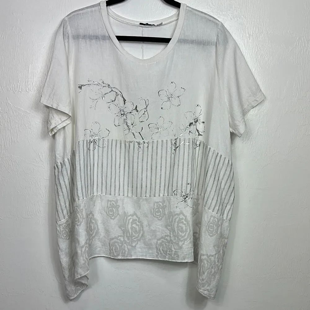 Kaktus Short Sleeve Linen Cotton Blend Floral Print Blouse Top Size M